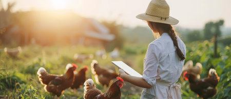 A woman in a hat is using a tablet to monitor the health of her chickens on a pasture at sunsetの素材