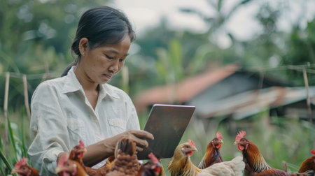 A woman is using a tablet to monitor the health of her chickens.の素材