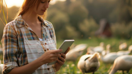 A young woman farmer is using a tablet to monitor the health of her geese.の素材