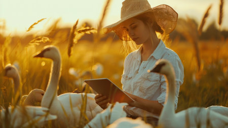 A young girl wearing a hat and holding a tablet is feeding a flock of swans on a beautiful summer day.の素材