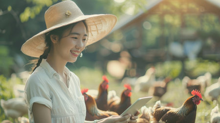 Young asian woman farmer checking her chicken farmの素材