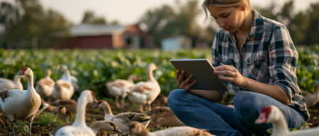 A young woman uses a tablet to monitor the health of her geeseの素材