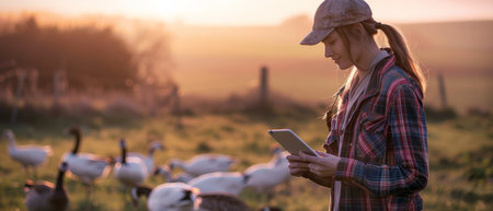 A young girl is using a tablet to monitor the health of her geese while they graze in the pasture at sunset.の素材