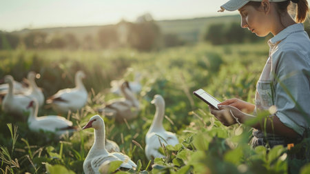 A young girl is feeding geese on a pasture.の素材