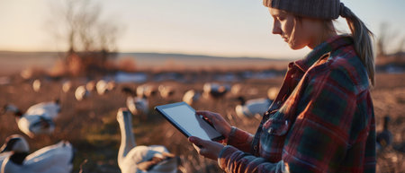 A young girl uses a tablet to monitor the health of her flock of geese as the sun sets.の素材