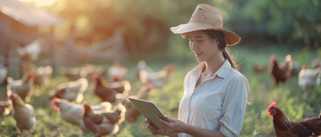 Young female farmer using tablet for checking quality of chicken eggs in the farm at sunsetの素材