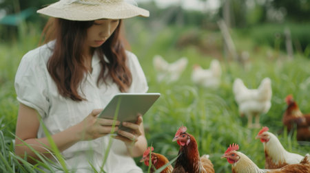 A young woman wearing a hat is using a tablet whileDun Zhao  in the middle of a field of chickens.の素材