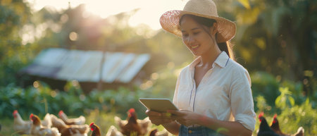 Asian woman farmer checking her chicken farm with tablet in handの素材