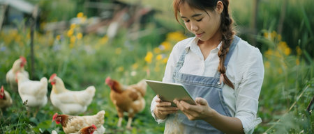 A young woman in a field with chickens uses a tablet to monitor their health and productivity.の素材