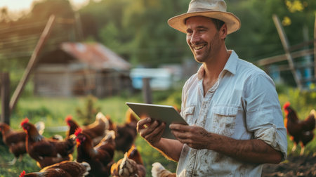 Happy farmer using tablet in chicken coopの素材
