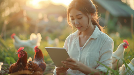 Asian woman using tablet for checking quality of chicken eggs in the farm at sunsetの素材