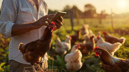 Checking on the quality of her free-range chickensの素材