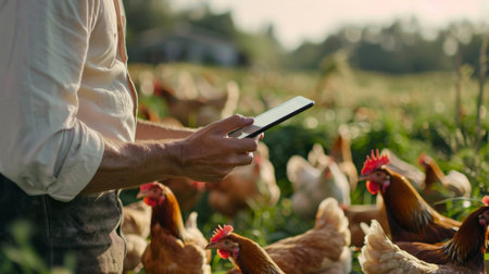 Farmer checking on his chicken farmの素材