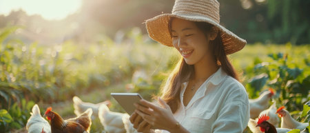 Young asian woman farmer using tablet checking quality of harvest in the farm at sunsetの素材