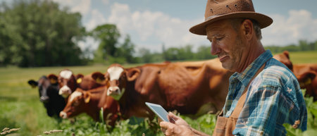 rancher using tablet to monitor cattleの素材