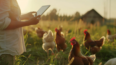 Farmer checks the data on the tablet and controls the quality of the chicken on the farm at sunsetの素材