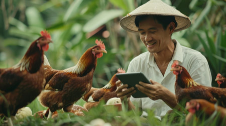 Asian farmer using tablet in chicken farmの素材