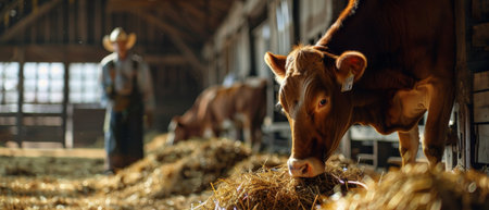 Cows eating hay in a barn with a farmer in the backgroundの素材