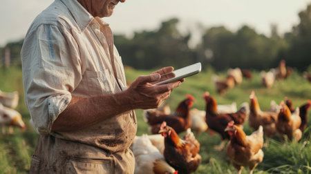 Farmer using tablet to monitor chicken health in a free range farmの素材