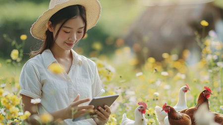 Young asian woman farmer using tablet checking her chicken farmの素材