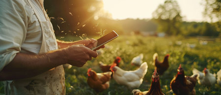 Farmer's hand holding a tablet in the chicken coopの素材