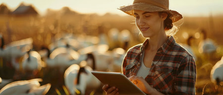 Young female farmer using digital tablet while examining herd of sheep at sunsetの素材