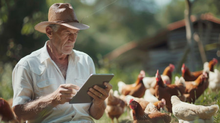 Senior farmer using tablet in chicken coopの素材