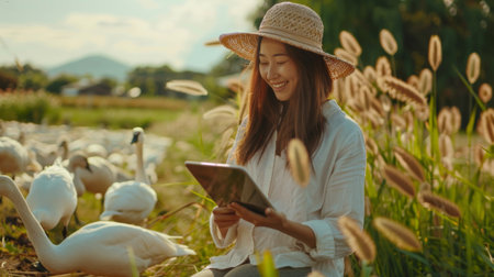 Young asian woman reading a book in a lush green field with a flock of geeseの素材