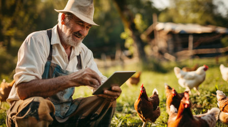 Senior farmer using tablet in chicken coopの素材