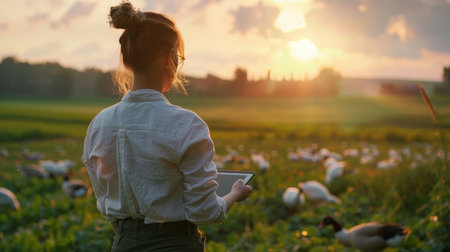 Young female agronomist holding tablet standing in the middle of the field examining the quality of the crop during sunsetの素材