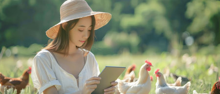 Young woman using digital tablet while sitting on the grass with free-range chickensの素材