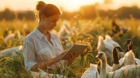 Young woman farmer checking her goats with digital tablet at sunsetの素材