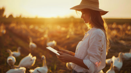 The photo shows a young female farmer in a straw hat using a tablet computer to monitor the geese grazing in the pasture at sunset.の素材