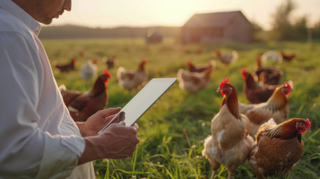 Farmer using tablet to monitor chicken health in the farmの素材