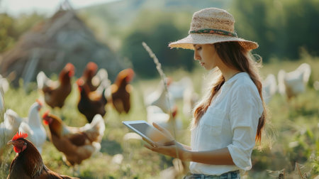 Young female farmer using a tablet to monitor her chicken's health and productivity on her poultry farmの素材