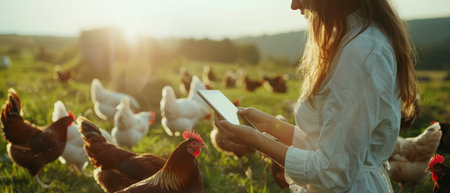 Young woman holding tablet checking on chickens on pastureの素材