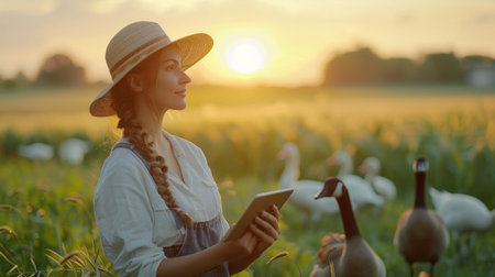 Young female farmer in straw hat using digital tablet while herding geese on pasture at sunsetの素材