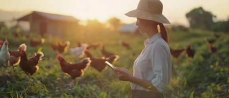 Young woman farmer checking on her chickens in the morning lightの素材