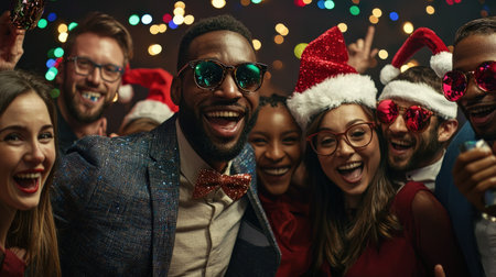 Group of friends celebrating Christmas and New Year at the party. Cheerful young men and women having fun together.の素材