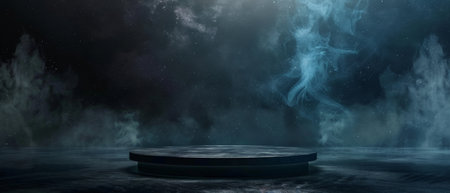 3D rendering of a dark and mysterious stage with a spotlight and smoke.の素材