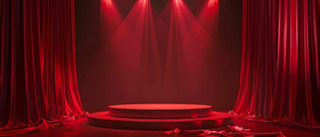 Red stage with red curtain.の素材
