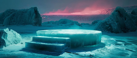 The image is a beautiful landscape of an icy tundra. There is a large, glowing platform in the center of the image, and a mountain range in the background. The sky is a deep blue, and the ice is a light blue.の素材