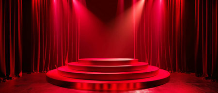 A red stage with a spotlight on it. The stage is empty and the curtains are red. The stage is set for a performanceの素材