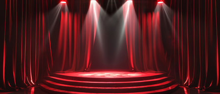 A red curtain with a spotlight on it. The stage is emptyの素材