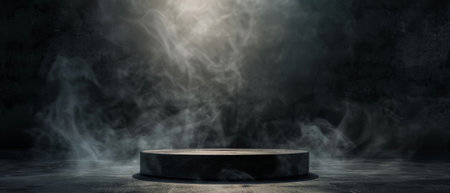 Black round stage with white spotlight and smoke.の素材