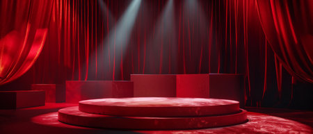A red stage with a spotlight on it. The stage is empty and the curtains are red. Scene is dramatic and theatricalの素材