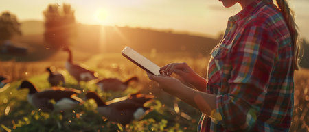 A farmer is using a tablet to monitor the health of her chickens on a pasture at sunsetの素材