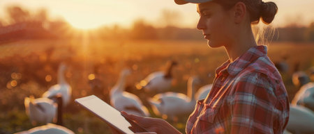 A farmer is using a tablet to monitor the health of her geeseの素材