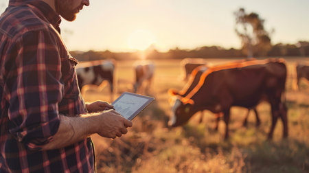 A farmer is using a tablet to monitor the health of his cattle.の素材