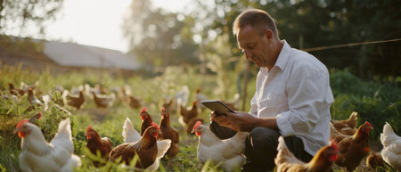 A farmer is checking on his chickens in the morning light.の素材